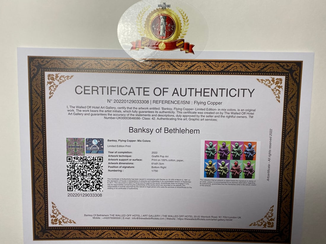 Banksy, In the manner of”, COA. Walled Off Hotel, Original, Limited Edition. Signed. Numbered - 7