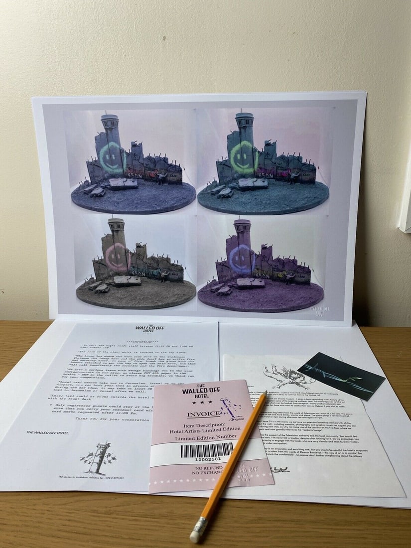 The Walled Off Hotel, Limited Edition, Original Print.: 2022 Screen print on paper, Solid Finishing: Classic (250 gsm gloss) Limited Edition of 1500 Numbered and Stamped / seal Sizes- 420 X594mm The Walled Off Hotel Invoice Sold unframed 