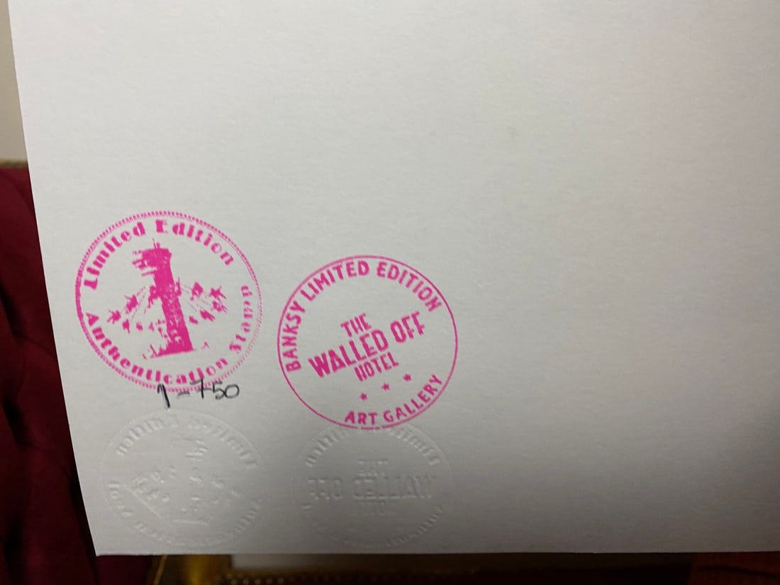 Banksy, In the manner of”, COA. Walled Off Hotel, Original, Limited Edition. Signed. Numbered, - 8