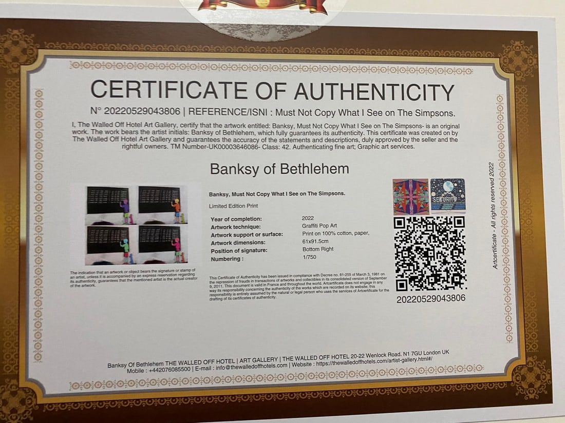 Banksy, In the manner of”, COA. Walled Off Hotel, Original, Limited Edition. Signed. Numbered, - 9