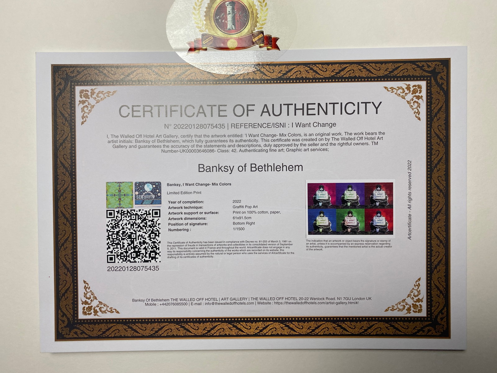 Banksy, In the manner of”, COA. Walled Off Hotel, Original, Limited Edition. Signed. Numbered. - 5