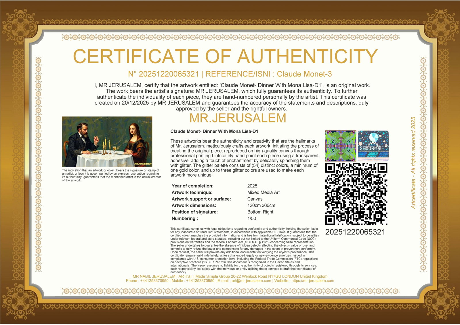 Claude Monet - Dinner With Mona Lisa-D1, Limited Edition of 50 Pieces, Signed & Numbered - 3