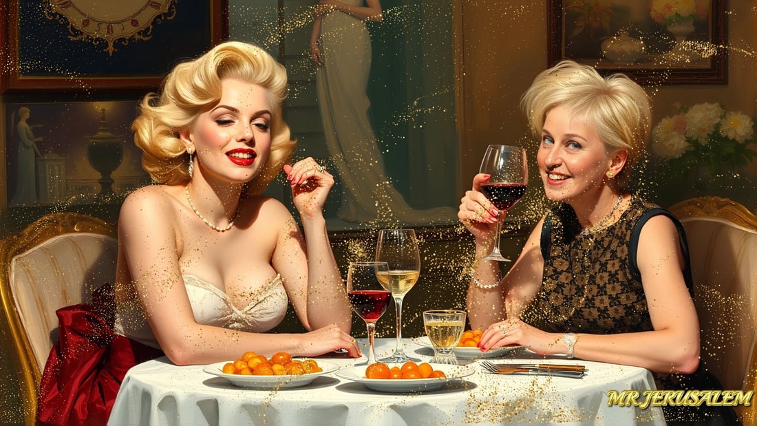 Ellen Degeneres - Dinner With Marilyn Monroe-D2, Limited Edition of 50 Pieces, Signed & Numbered: Please note the images you see here for the artworks is protected with artist name in gold & gold glitter watermark. The original artworks will be unique and one-of-a-kind, hand painted with glue 