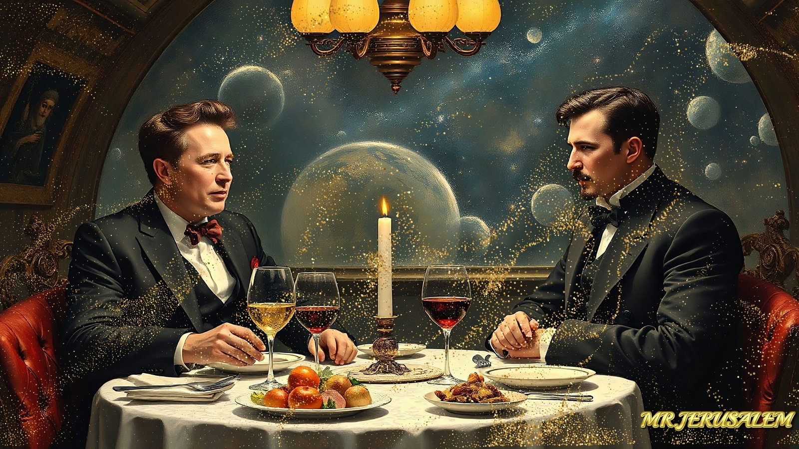Elon Musk Dinner With Nikola Tesla-D1, Canvas Mixed Media, Limited Edition of 50 Pieces: Please note the images you see here for the artworks is protected with artist name in gold & gold glitter watermark. The original artworks will be unique and one-of-a-kind, hand painted with glue