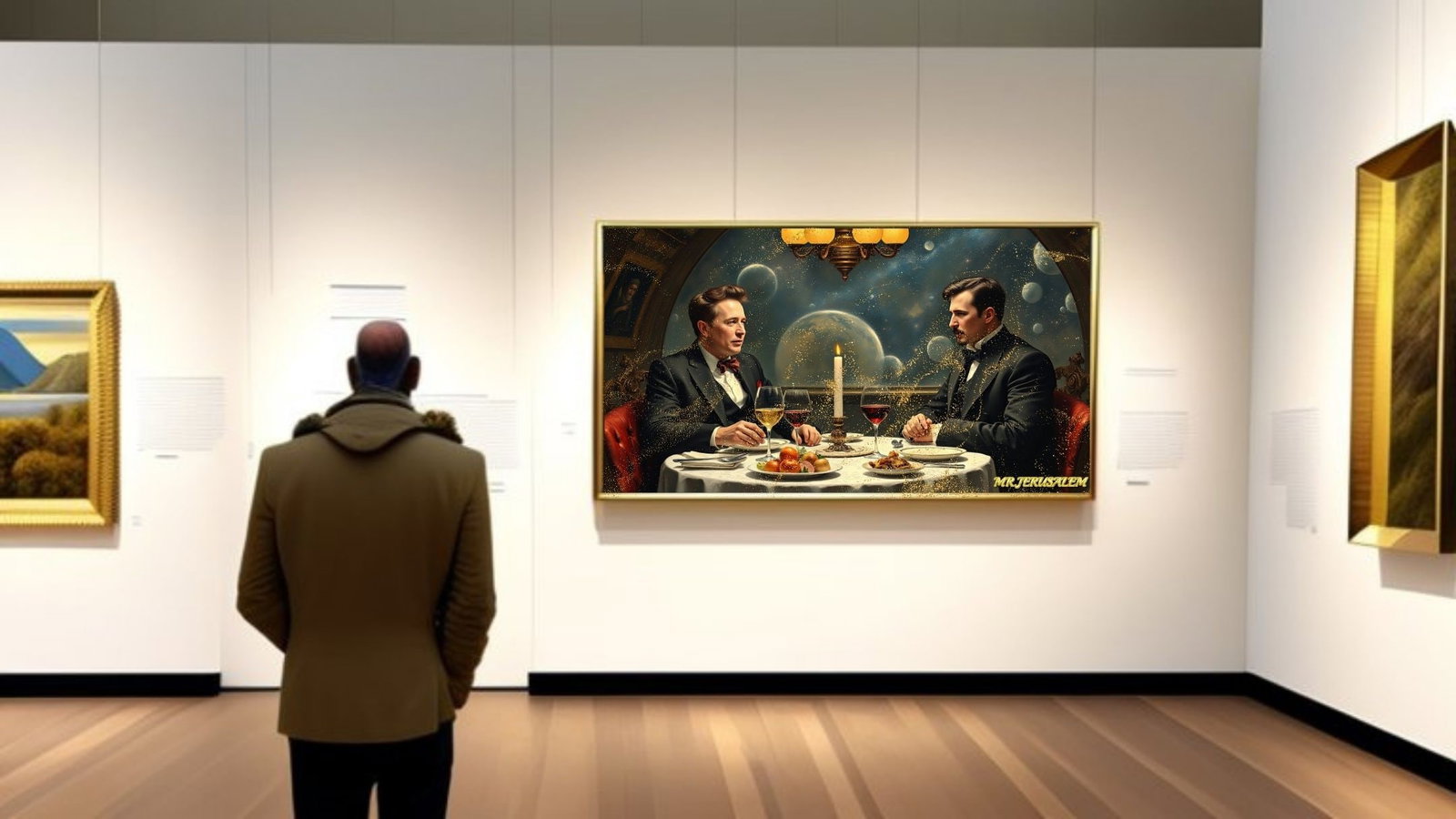 Elon Musk Dinner With Nikola Tesla-D1, Canvas Mixed Media, Limited Edition of 50 Pieces - 2