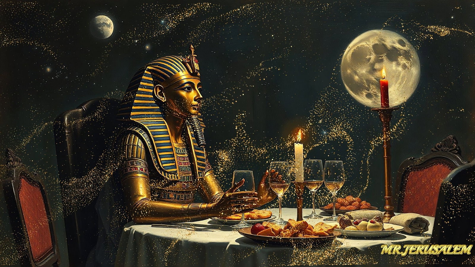Tutankhamun Dinner Alone, Canvas Mixed Media, Limited Edition of 50 Pieces: Please note the images you see here for the artworks is protected with artist name in gold & gold glitter watermark. The original artworks will be unique and one-of-a-kind, hand painted with glue