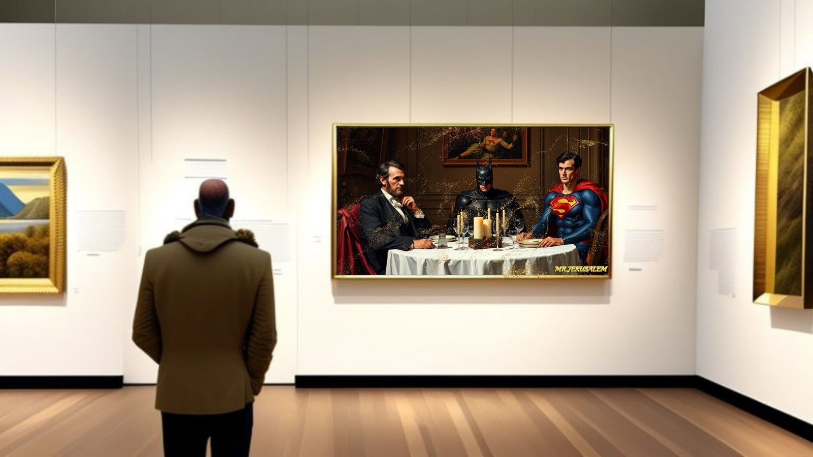 Abraham Lincoln Dinner With Batman & Superman, Canvas Mixed Media, Limited Edition of 50 Pieces - 2