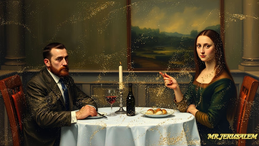 Edvard Munch - Dinner With Mona Lisa-D1, Limited Edition of 50 Pieces, Signed & Numbered: Please note the images you see here for the artworks is protected with artist name in gold & gold glitter watermark. The original artworks will be unique and one-of-a-kind, hand painted with glue