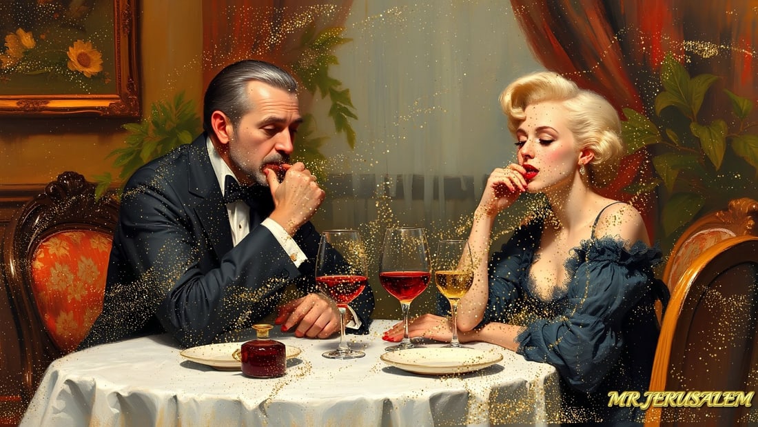 Edgar Degas - Dinner With Marilyn Monroe-D2, Limited Edition of 50 Pieces, Signed & Numbered: Please note the images you see here for the artworks is protected with artist name in gold & gold glitter watermark. The original artworks will be unique and one-of-a-kind, hand painted with glue