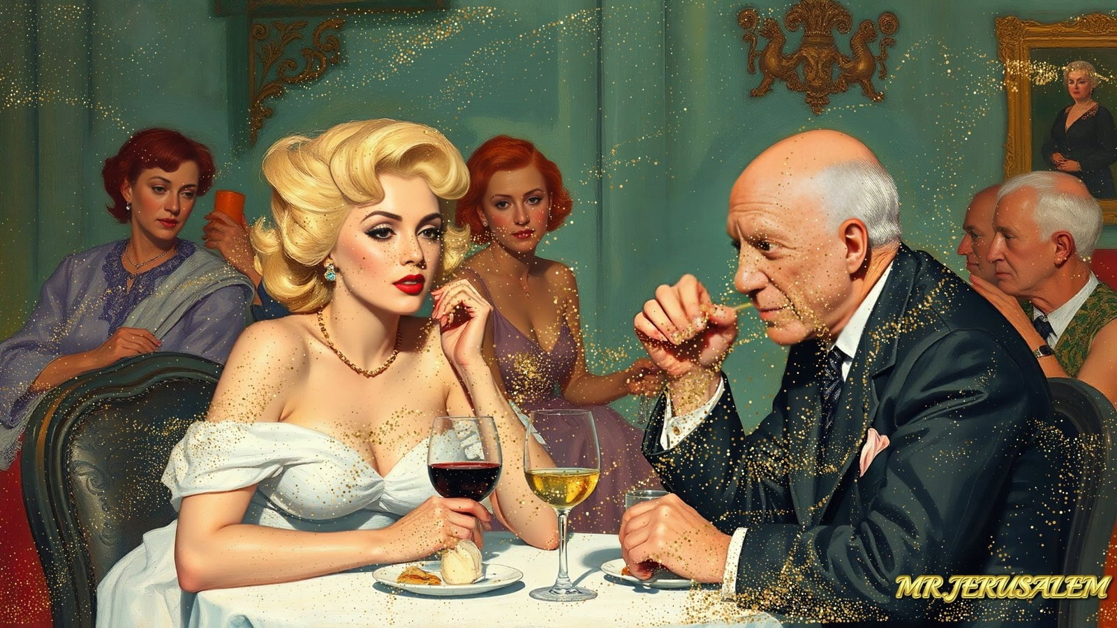 Pablo Picasso - Dinner With Marilyn Monroe-D1, Limited Edition of 50 Pieces, Signed & Numbered: Please note the images you see here for the artworks is protected with artist name in gold & gold glitter watermark. The original artworks will be unique and one-of-a-kind, hand painted with glue