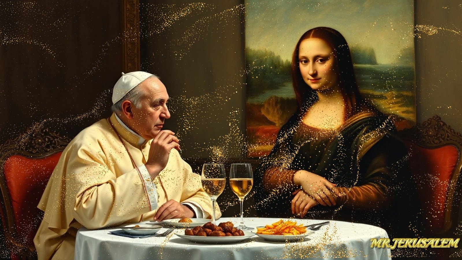 Pope Francis - Dinner With Mona Lisa-D1, Limited Edition of 50 Pieces, Signed & Numbered: Please note the images you see here for the artworks is protected with artist name in gold & gold glitter watermark. The original artworks will be unique and one-of-a-kind, hand painted with glue