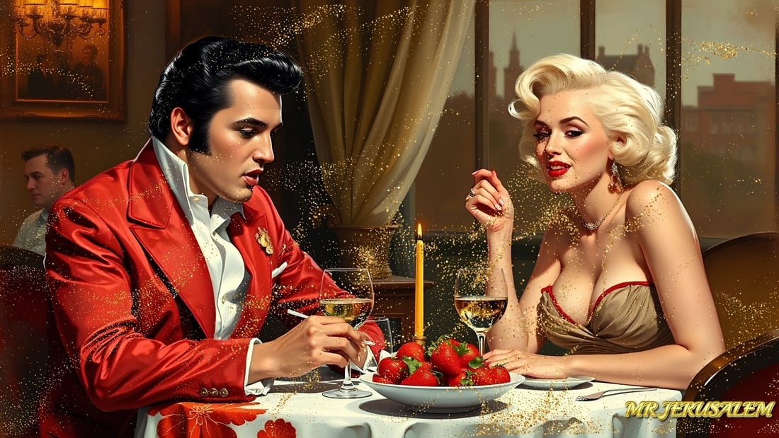 Elvis Presley - Dinner With Marilyn Monroe-D2, Limited Edition of 50 Pieces, Signed & Numbered: Please note the images you see here for the artworks is protected with artist name in gold & gold glitter watermark. The original artworks will be unique and one-of-a-kind, hand painted with glue