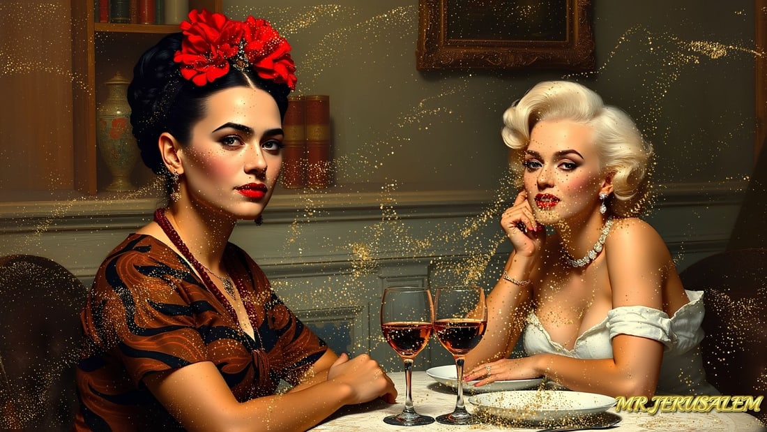 Frida Kahlo - Dinner With Marilyn Monroe-D1, Limited Edition of 50 Pieces, Signed & Numbered: Please note the images you see here for the artworks is protected with artist name in gold & gold glitter watermark. The original artworks will be unique and one-of-a-kind, hand painted with glue