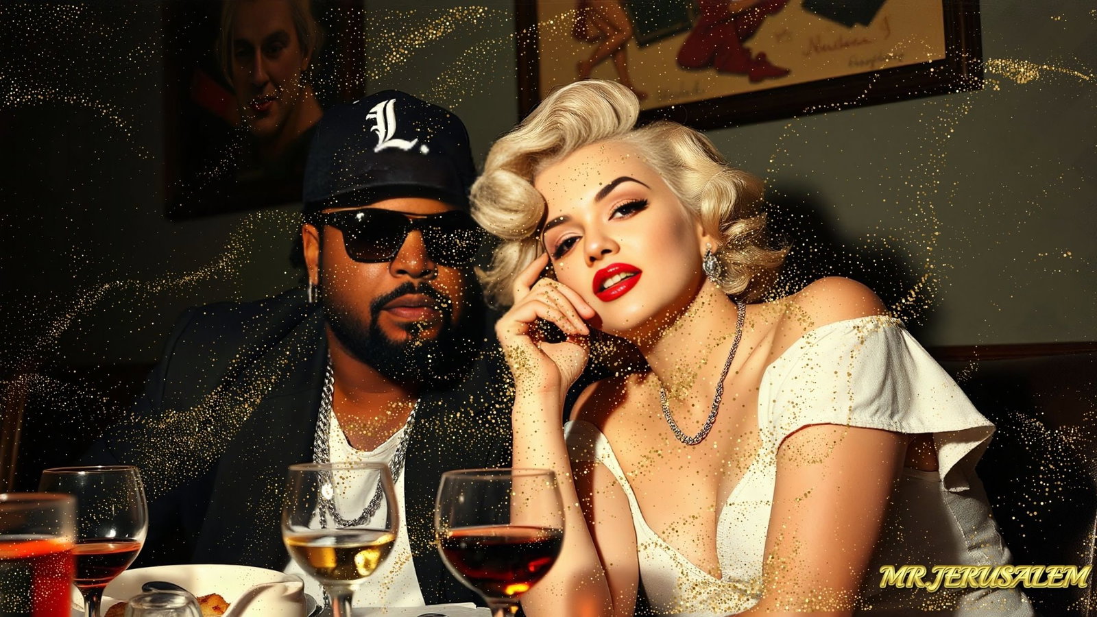 Ice Cube - Dinner With Marilyn Monroe-D2, Limited Edition of 50 Pieces, Signed & Numbered: Please note the images you see here for the artworks is protected with artist name in gold & gold glitter watermark. The original artworks will be unique and one-of-a-kind, hand painted with glue