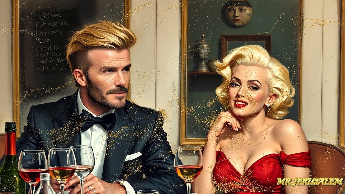 David Beckham - Dinner With Marilyn Monroe-D1, Limited Edition of 50 Pieces, Signed & Numbered: Please note the images you see here for the artworks is protected with artist name in gold & gold glitter watermark. The original artworks will be unique and one-of-a-kind, hand painted with glue 