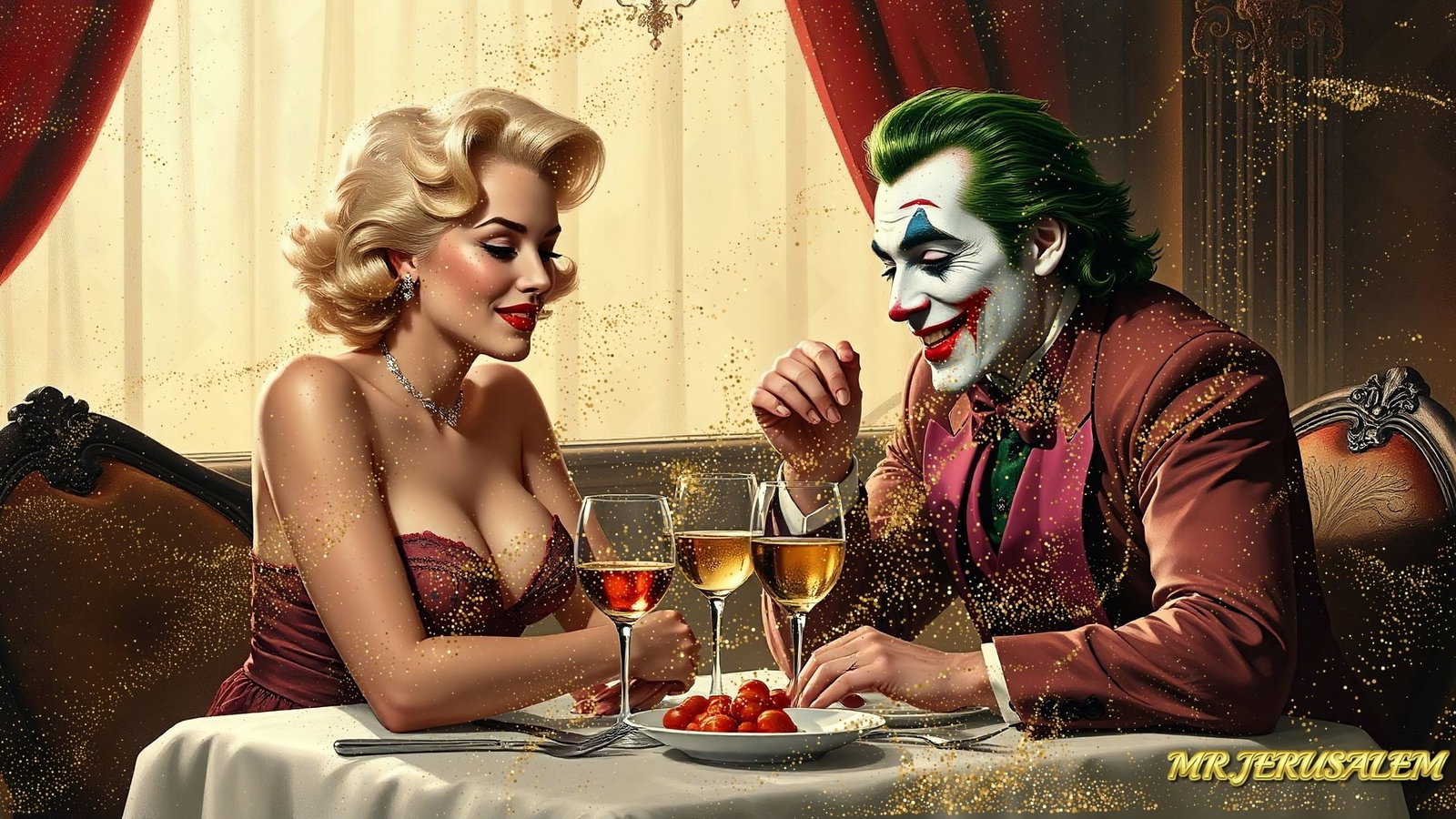 Joker - Dinner With Marilyn Monroe-D1, Limited Edition of 50 Pieces, Signed & Numbered: Please note the images you see here for the artworks is protected with artist name in gold & gold glitter watermark. The original artworks will be unique and one-of-a-kind, hand painted with glue