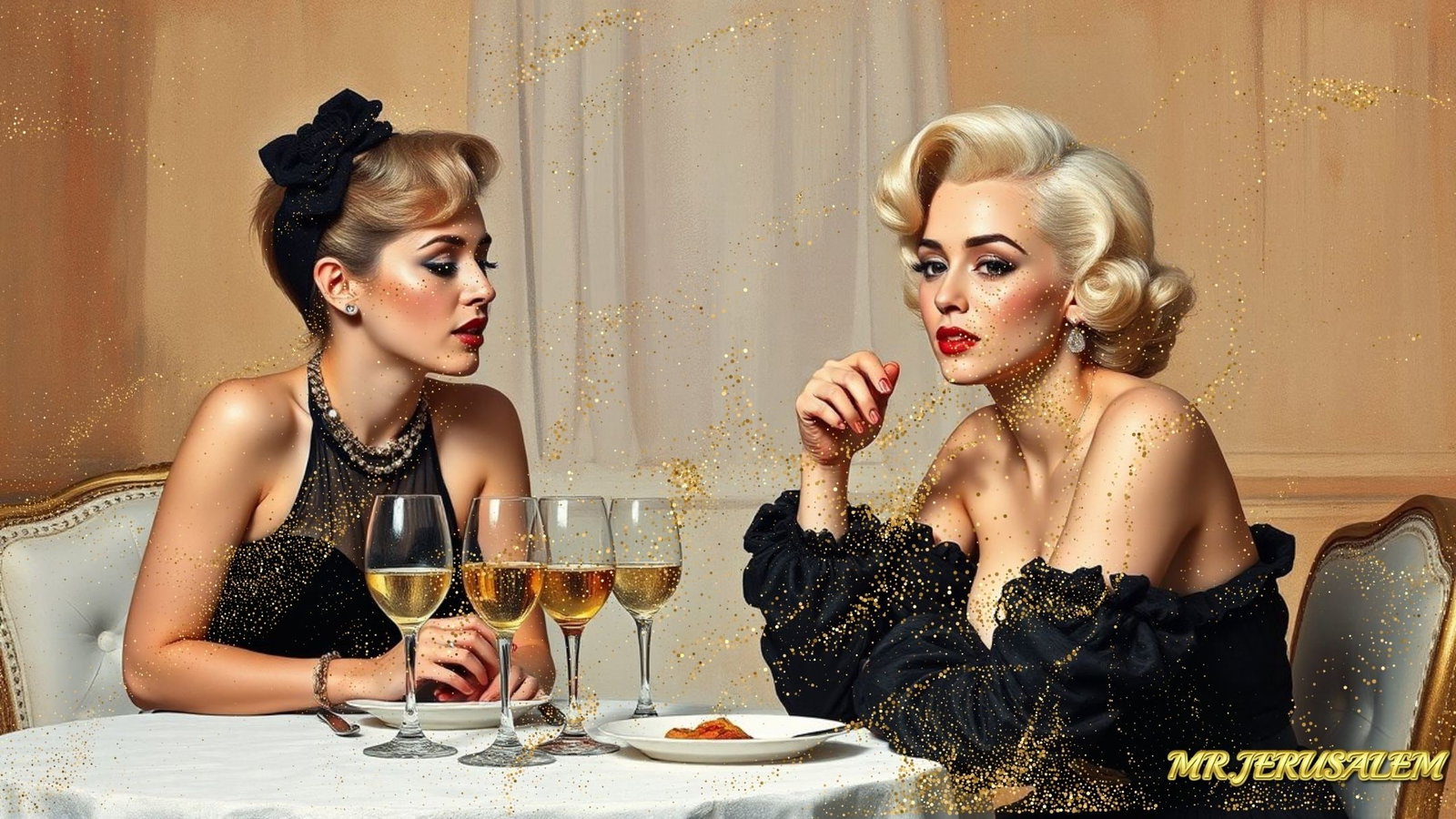 Miley Cyrus - Dinner With Marilyn Monroe-D2, Limited Edition of 50 Pieces, Signed & Numbered: Please note the images you see here for the artworks is protected with artist name in gold & gold glitter watermark. The original artworks will be unique and one-of-a-kind, hand painted with glue