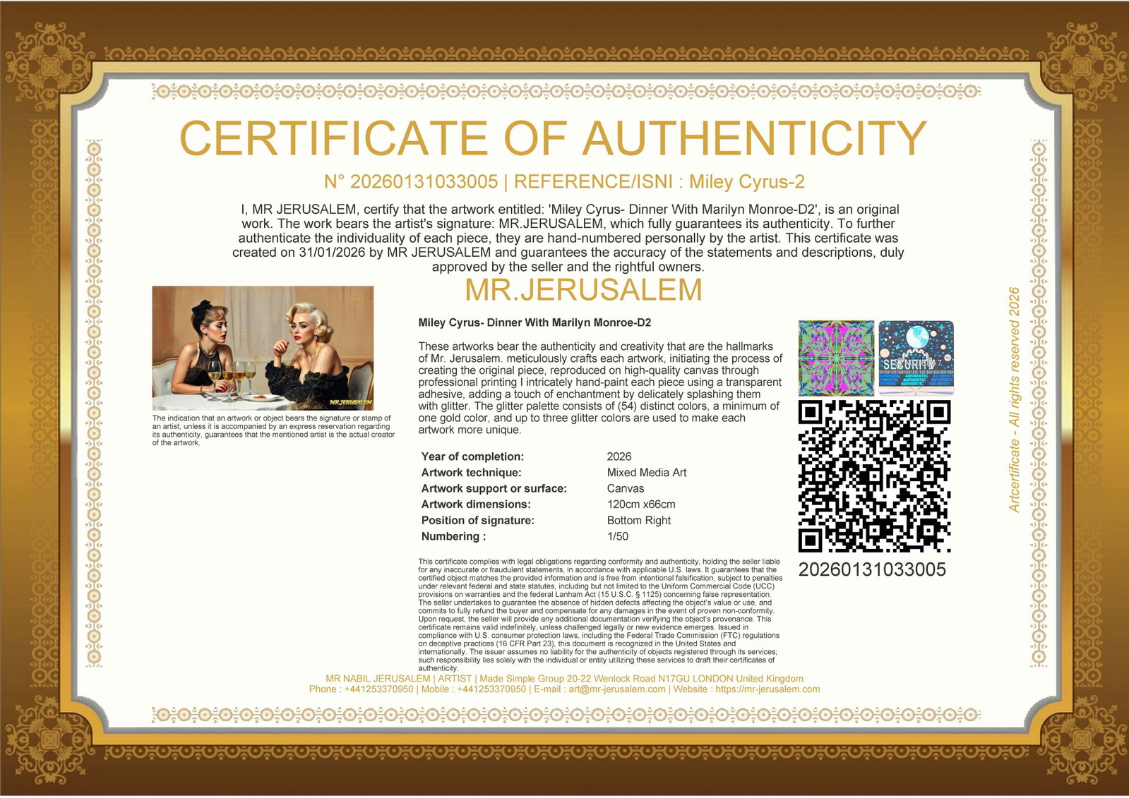Miley Cyrus - Dinner With Marilyn Monroe-D2, Limited Edition of 50 Pieces, Signed & Numbered - 3