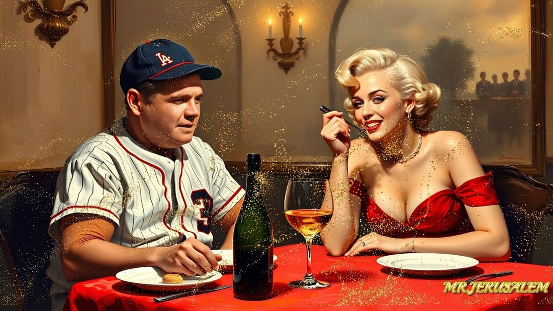 Babe Ruth - Dinner With Marilyn Monroe- D1, Limited Edition of 50 Pieces, Signed & Numbered: Please note the images you see here for the artworks is protected with artist name in gold & gold glitter watermark. The original artworks will be unique and one-of-a-kind, hand painted with glue 