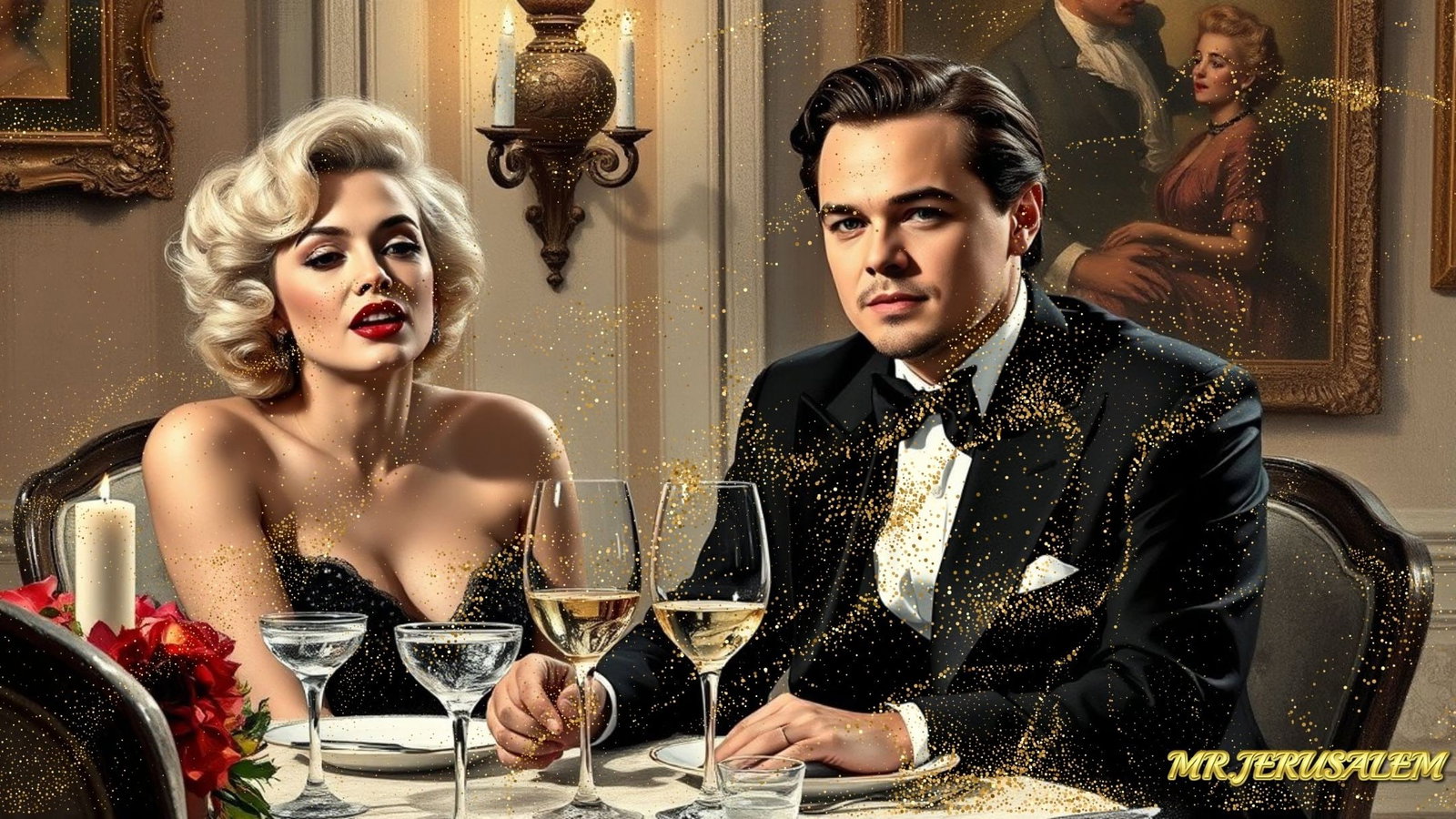 Leonardo DiCaprio - Dinner With Marilyn Monroe-D1, Limited Edition of 50 Pieces, Signed & Numbered: Please note the images you see here for the artworks is protected with artist name in gold & gold glitter watermark. The original artworks will be unique and one-of-a-kind, hand painted with glue