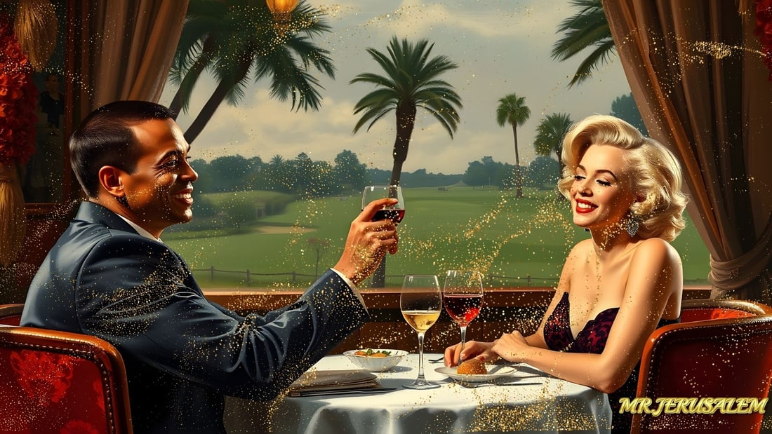 Tiger Woods - Dinner With Marliyn Monroe-D1, Limited Edition of 50 Pieces, Signed & Numbered: Please note the images you see here for the artworks is protected with artist name in gold & gold glitter watermark. The original artworks will be unique and one-of-a-kind, hand painted with glue 