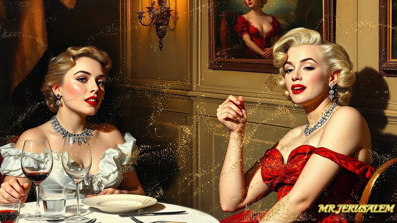 Madonna - Dinner With Marilyn Monroe-D1, Limited Edition of 50 Pieces, Signed & Numbered: Please note the images you see here for the artworks is protected with artist name in gold & gold glitter watermark. The original artworks will be unique and one-of-a-kind, hand painted with glue