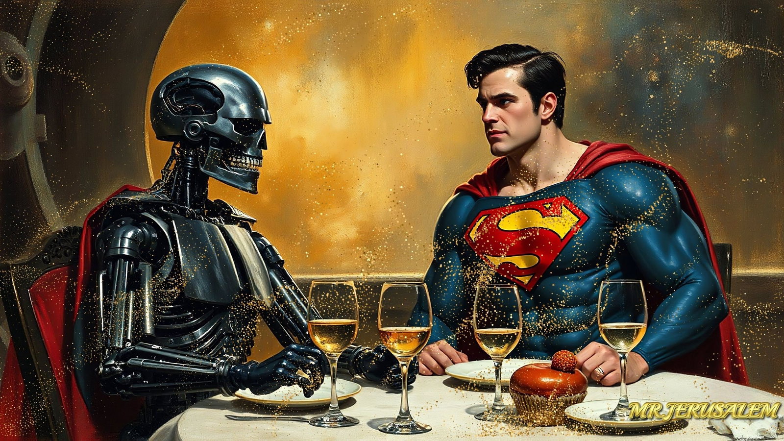 The Terminator Dinner With Superman, Canvas Mixed Media, Limited Edition of 50 Pieces: Please note the images you see here for the artworks is protected with artist name in gold & gold glitter watermark. The original artworks will be unique and one-of-a-kind, hand painted with glue