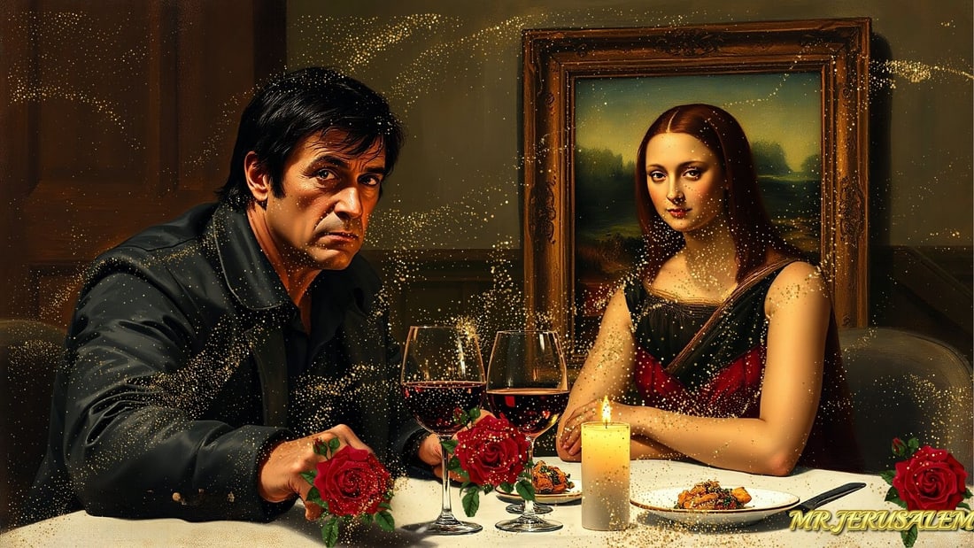 Sylvester Stallone - Dinner With Mona Lisa-D2, Limited Edition of 50 Pieces, Signed & Numbered: Please note the images you see here for the artworks is protected with artist name in gold & gold glitter watermark. The original artworks will be unique and one-of-a-kind, hand painted with glue 