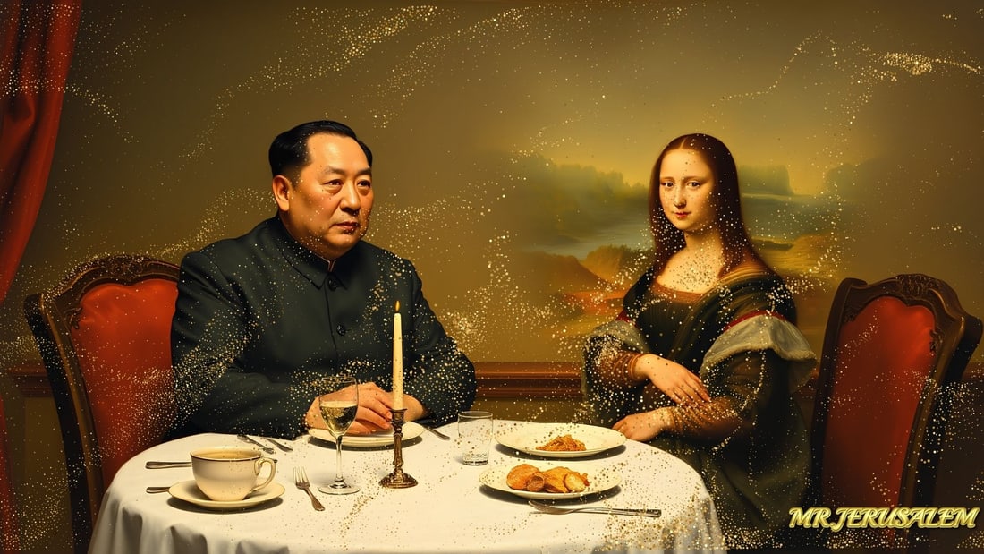 Chairman Mao - Dinner With Mona Lisa-D1, Limited Edition of 50 Pieces, Signed & Numbered: Please note the images you see here for the artworks is protected with artist name in gold & gold glitter watermark. The original artworks will be unique and one-of-a-kind, hand painted with glue