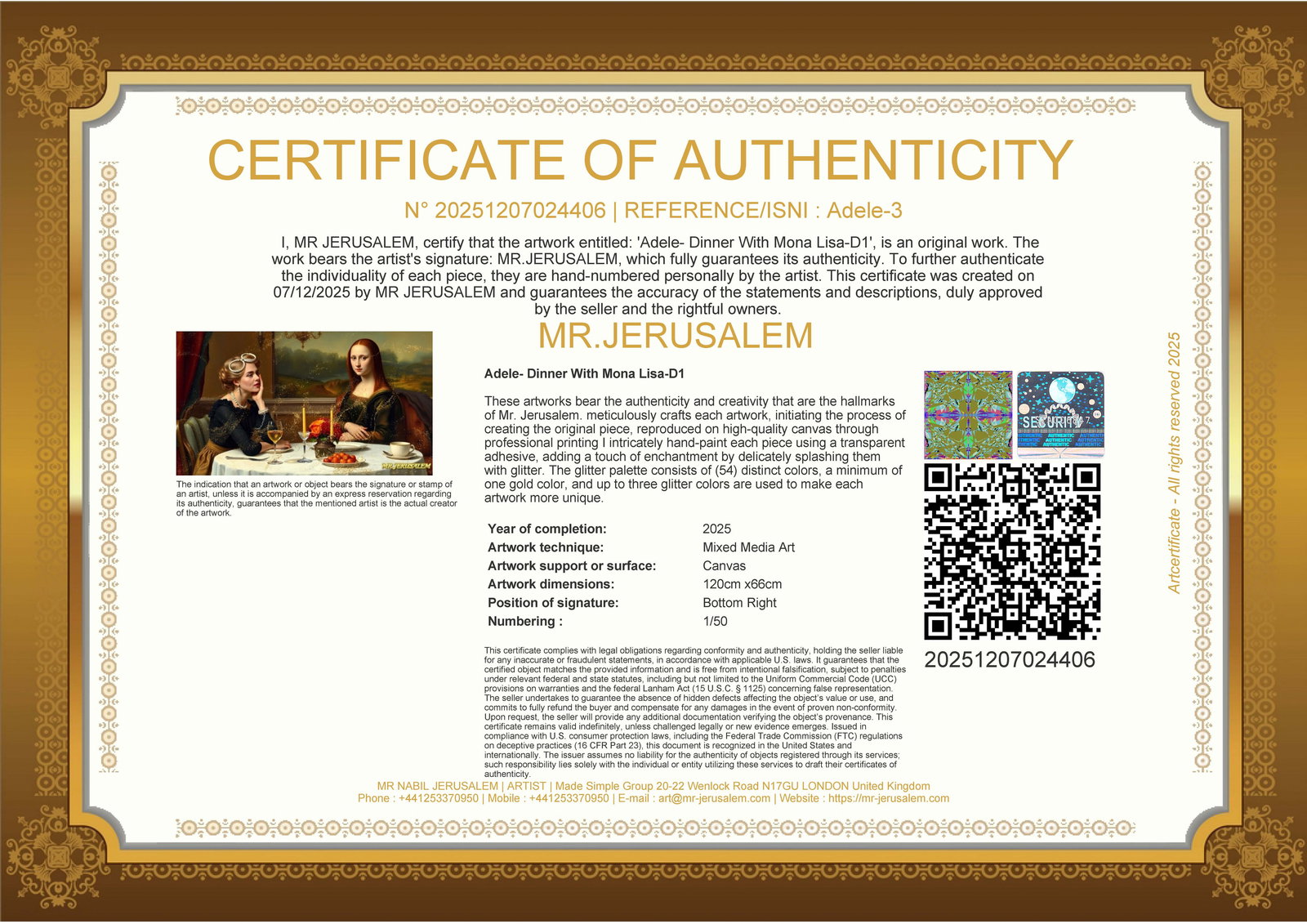 Adele- Dinner With Mona Lisa- D1, Limited Edition of 50 Pieces, Signed & Numbered - 3