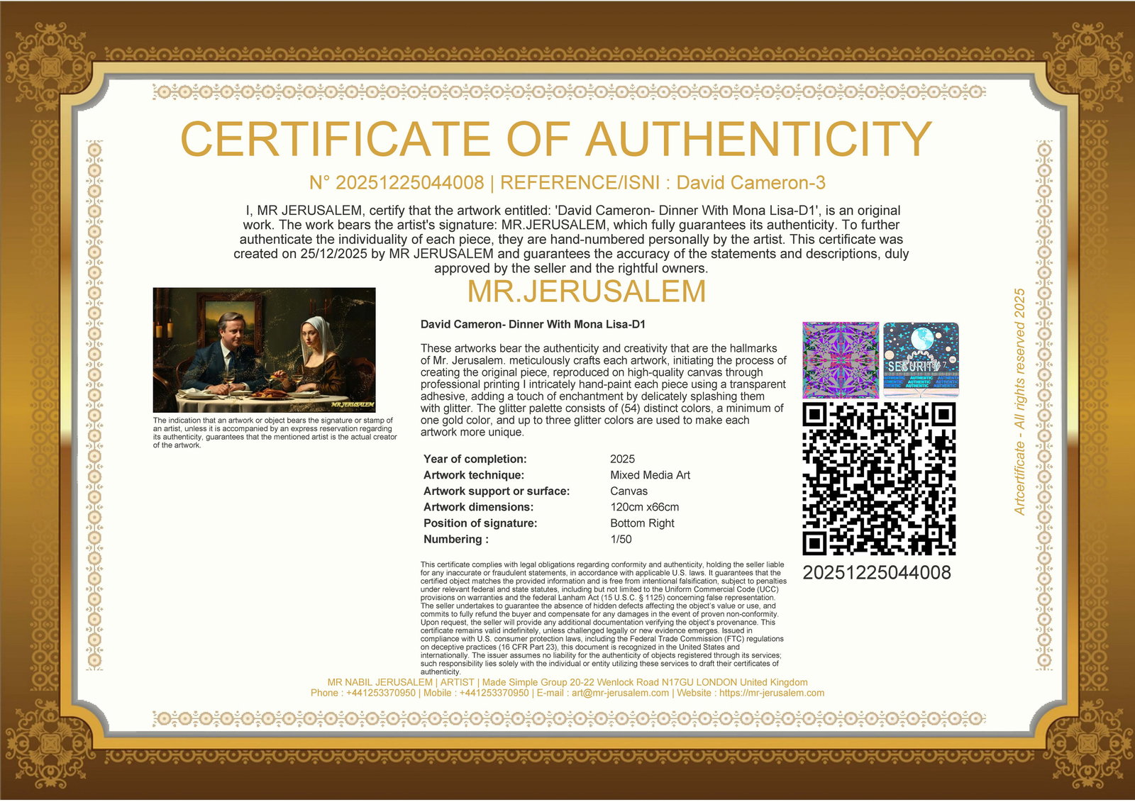 David Cameron - Dinner With Mona Lisa-D1, Limited Edition of 50 Pieces, Signed & Numbered - 3