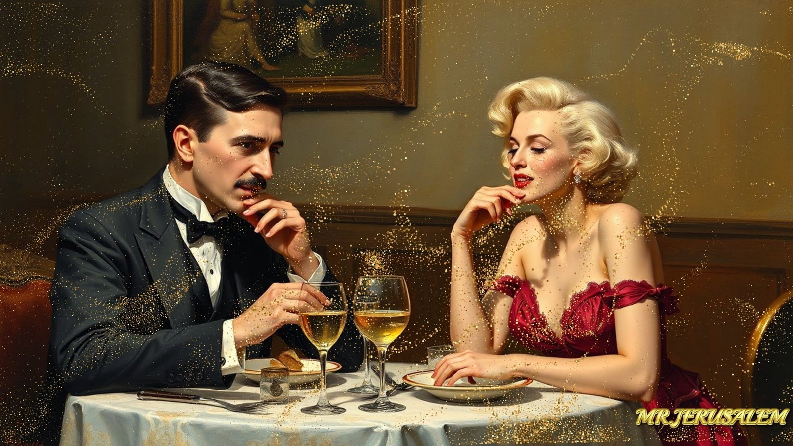 Nikola Tesla - Dinner With Marilyn Monroe-D2, Limited Edition of 50 Pieces, Signed & Numbered: Please note the images you see here for the artworks is protected with artist name in gold & gold glitter watermark. The original artworks will be unique and one-of-a-kind, hand painted with glue