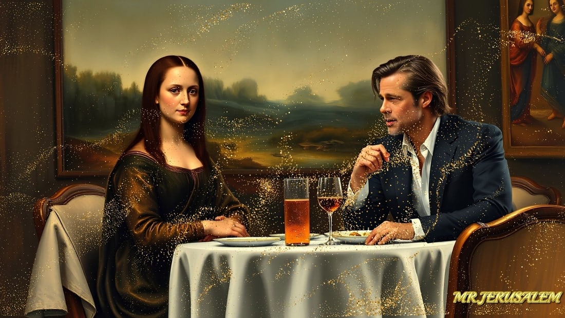 Brad Pitt - Dinner With Mona Lisa-D1, Limited Edition of 50 Pieces, Signed & Numbered: Please note the images you see here for the artworks is protected with artist name in gold & gold glitter watermark. The original artworks will be unique and one-of-a-kind, hand painted with glue