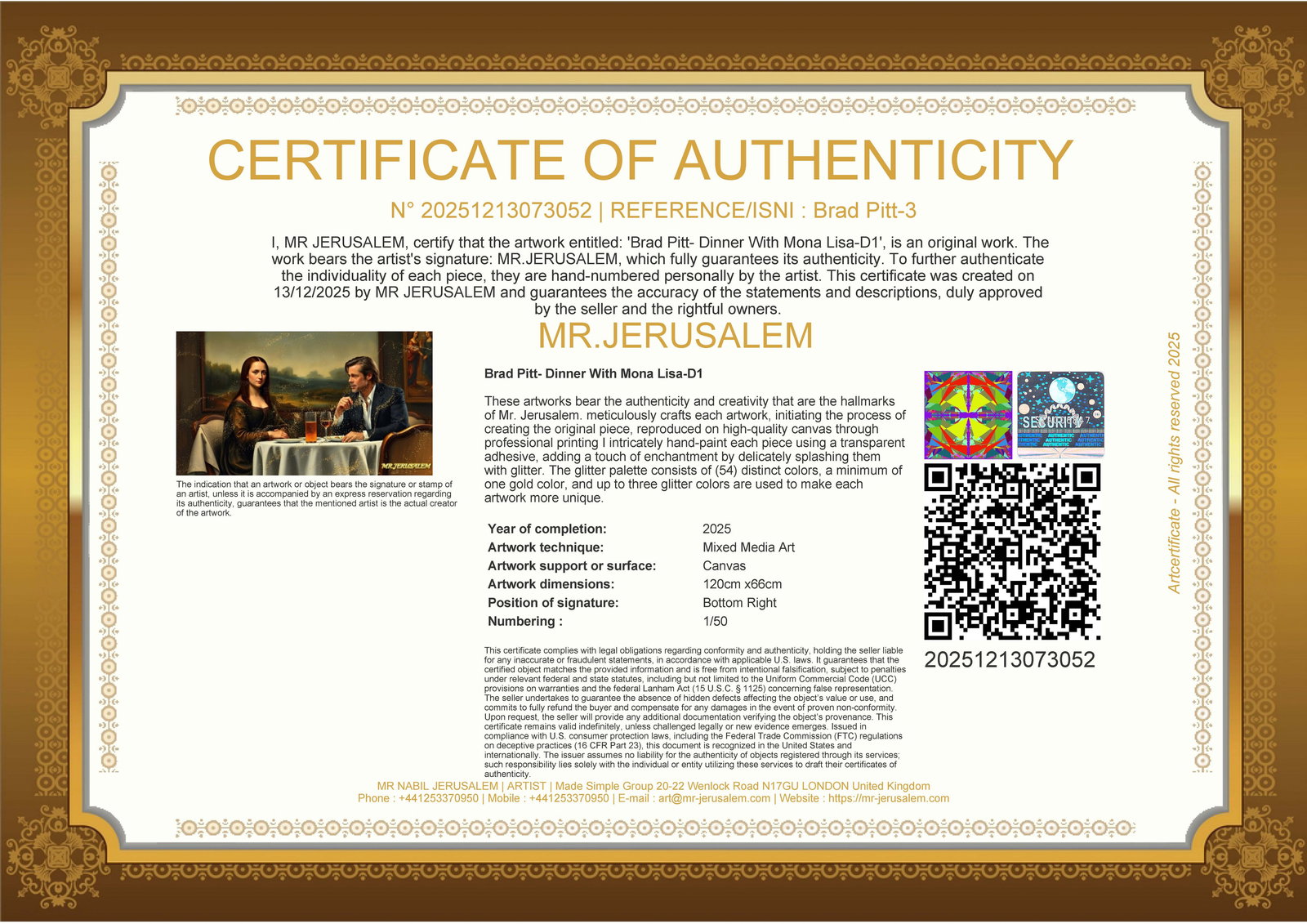 Brad Pitt - Dinner With Mona Lisa-D1, Limited Edition of 50 Pieces, Signed & Numbered - 3