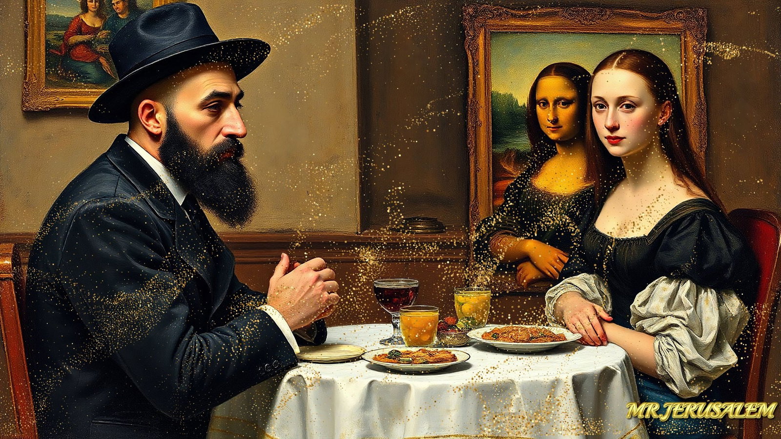 Paul Cezanne - Dinner With Mona Lisa-D2, Limited Edition of 50 Pieces, Signed & Numbered: Please note the images you see here for the artworks is protected with artist name in gold & gold glitter watermark. The original artworks will be unique and one-of-a-kind, hand painted with glue
