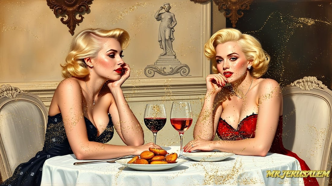 Britney Spears - Dinner With Marilyn Monroe-D1, Limited Edition of 50 Pieces, Signed & Numbered: Please note the images you see here for the artworks is protected with artist name in gold & gold glitter watermark. The original artworks will be unique and one-of-a-kind, hand painted with glue