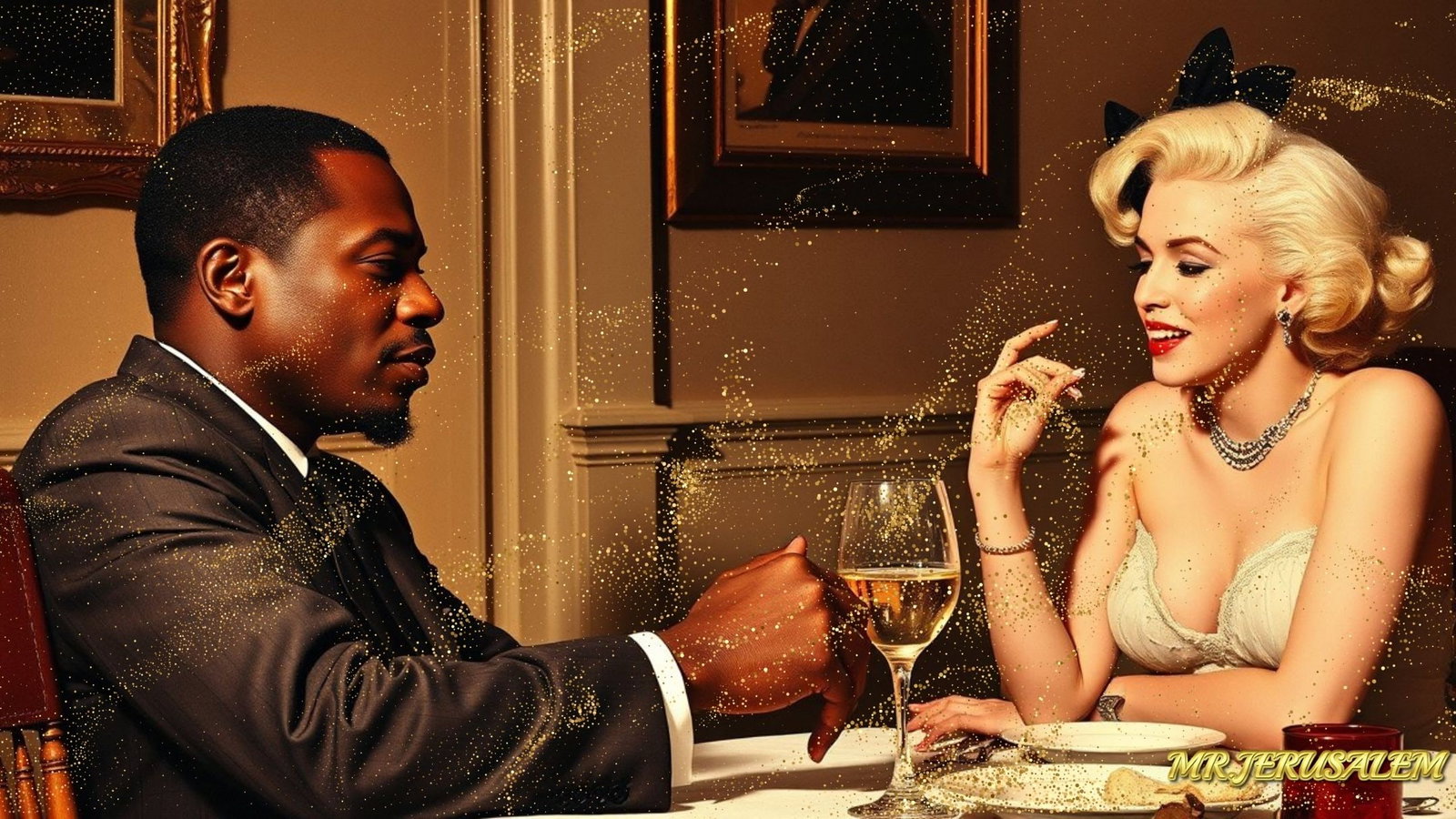 Malcolm X - Dinner With Marilyn Monroe-D1, Limited Edition of 50 Pieces, Signed & Numbered: Please note the images you see here for the artworks is protected with artist name in gold & gold glitter watermark. The original artworks will be unique and one-of-a-kind, hand painted with glue