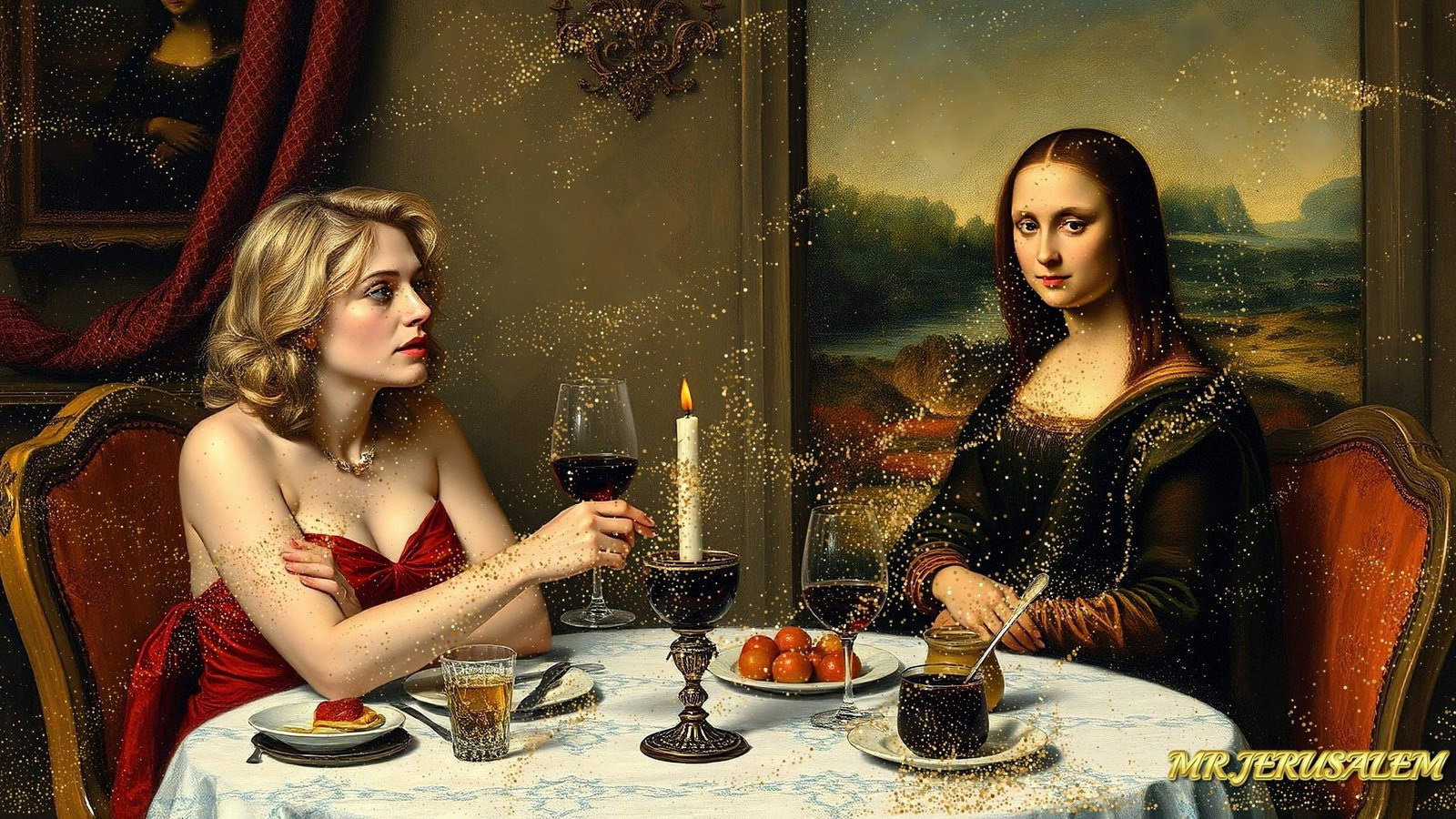 Madonna - Dinner With Mona Lisa-D1, Limited Edition of 50 Pieces, Signed & Numbered: Please note the images you see here for the artworks is protected with artist name in gold & gold glitter watermark. The original artworks will be unique and one-of-a-kind, hand painted with glue