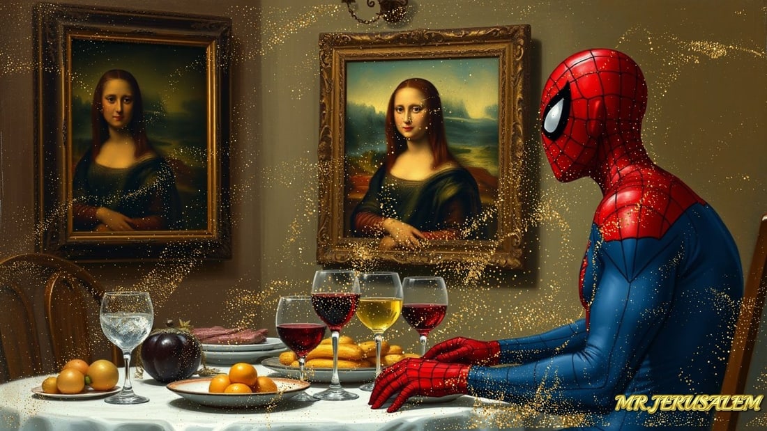 Spiderman - Dinner With Mona Lisa-D2, Limited Edition of 50 Pieces, Signed & Numbered: Please note the images you see here for the artworks is protected with artist name in gold & gold glitter watermark. The original artworks will be unique and one-of-a-kind, hand painted with glue 
