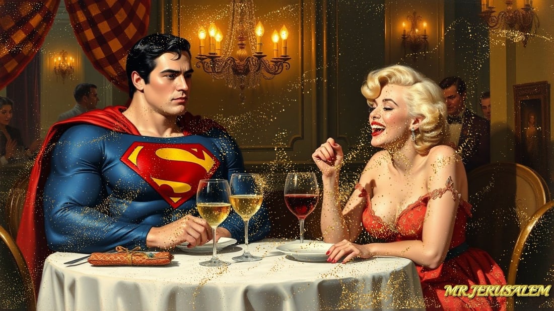 Superman - Dinner With Marliyn Monroe-D2, Limited Edition of 50 Pieces, Signed & Numbered: Please note the images you see here for the artworks is protected with artist name in gold & gold glitter watermark. The original artworks will be unique and one-of-a-kind, hand painted with glue 