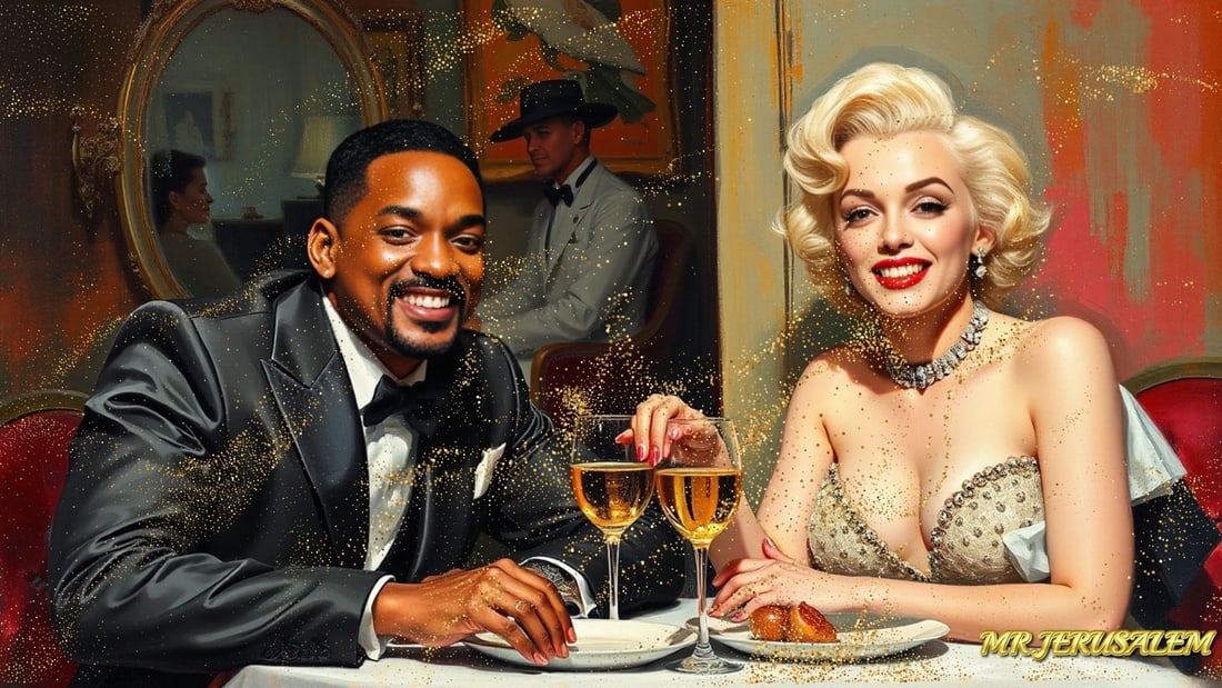Will Smith - Dinner With Marliyn Monroe-D1, Limited Edition of 50 Pieces, Signed & Numbered: Please note the images you see here for the artworks is protected with artist name in gold & gold glitter watermark. The original artworks will be unique and one-of-a-kind, hand painted with glue 