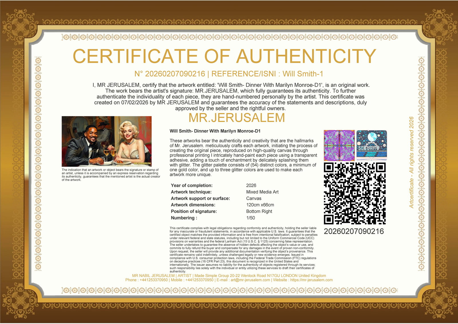 Will Smith - Dinner With Marliyn Monroe-D1, Limited Edition of 50 Pieces, Signed & Numbered - 3