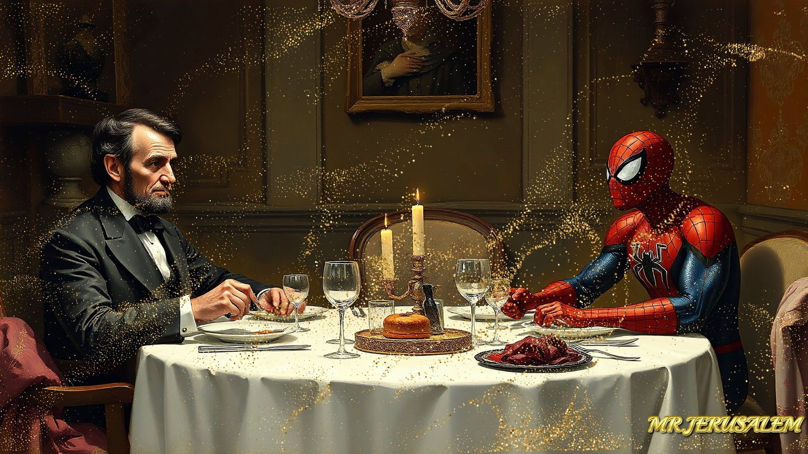 Abraham Lincoln Dinner With Spiderman, Canvas Mixed Media, Limited Edition of 50 Pieces: Please note the images you see here for the artworks is protected with artist name in gold & gold glitter watermark. The original artworks will be unique and one-of-a-kind, hand painted with glue