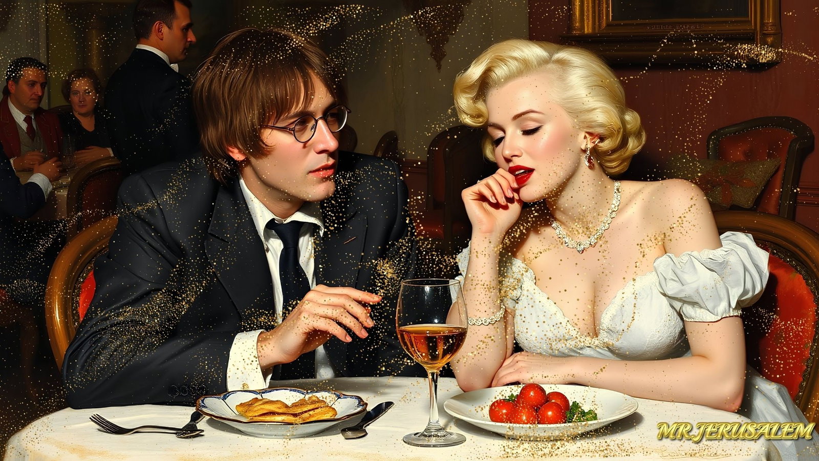 John Lennon - Dinner With Marilyn Monroe-D2, Limited Edition of 50 Pieces, Signed & Numbered: Please note the images you see here for the artworks is protected with artist name in gold & gold glitter watermark. The original artworks will be unique and one-of-a-kind, hand painted with glue 