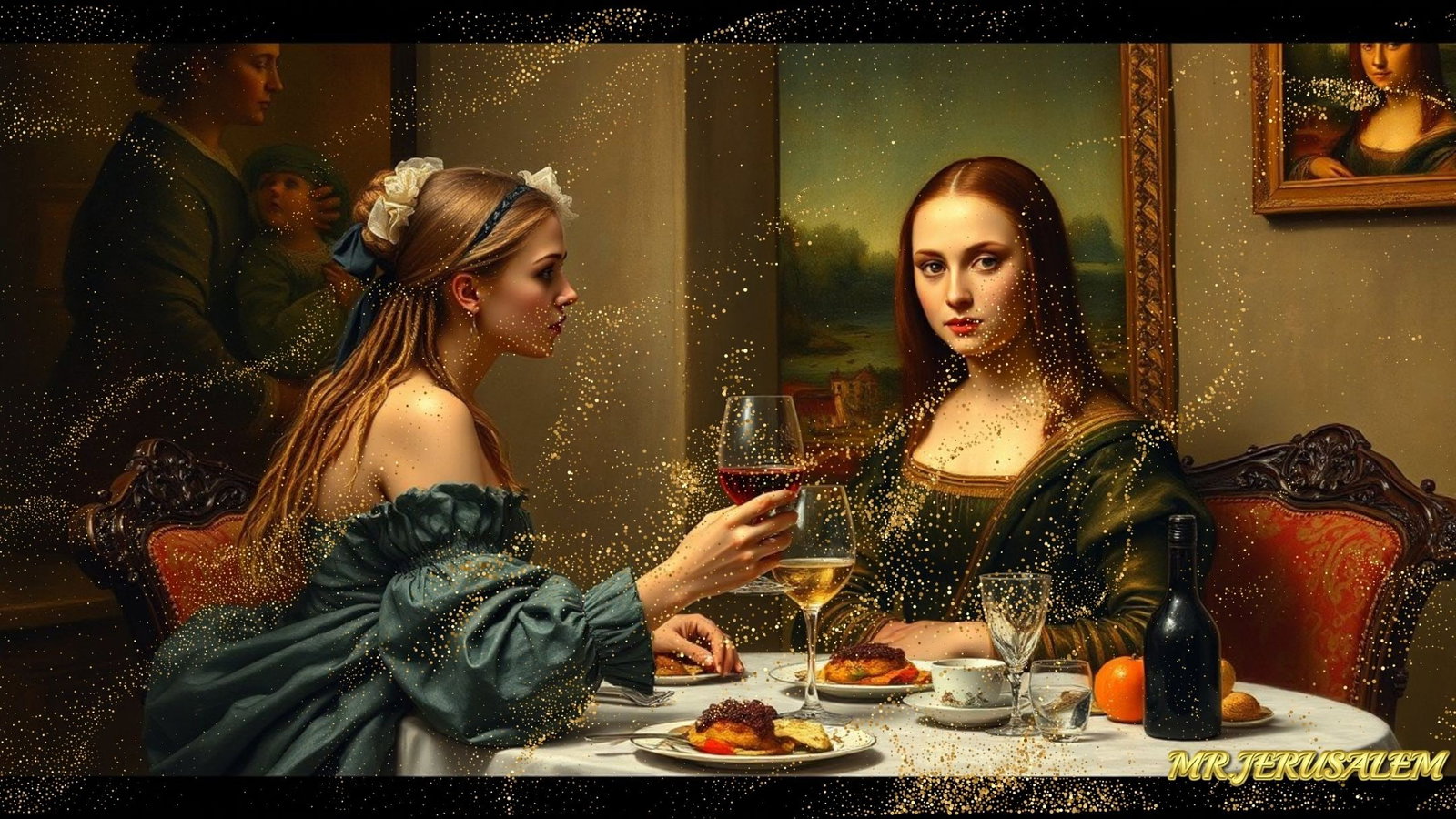 Miley Cyrus - Dinner With Mona Lisa-D1, Limited Edition of 50 Pieces, Signed & Numbered: Please note the images you see here for the artworks is protected with artist name in gold & gold glitter watermark. The original artworks will be unique and one-of-a-kind, hand painted with glue