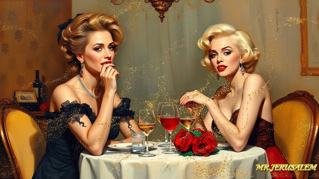 Celine Dion - Dinner With Marilyn Monroe-D1, Limited Edition of 50 Pieces,, Signed & Numbered: Please note the images you see here for the artworks is protected with artist name in gold & gold glitter watermark. The original artworks will be unique and one-of-a-kind, hand painted with glue 