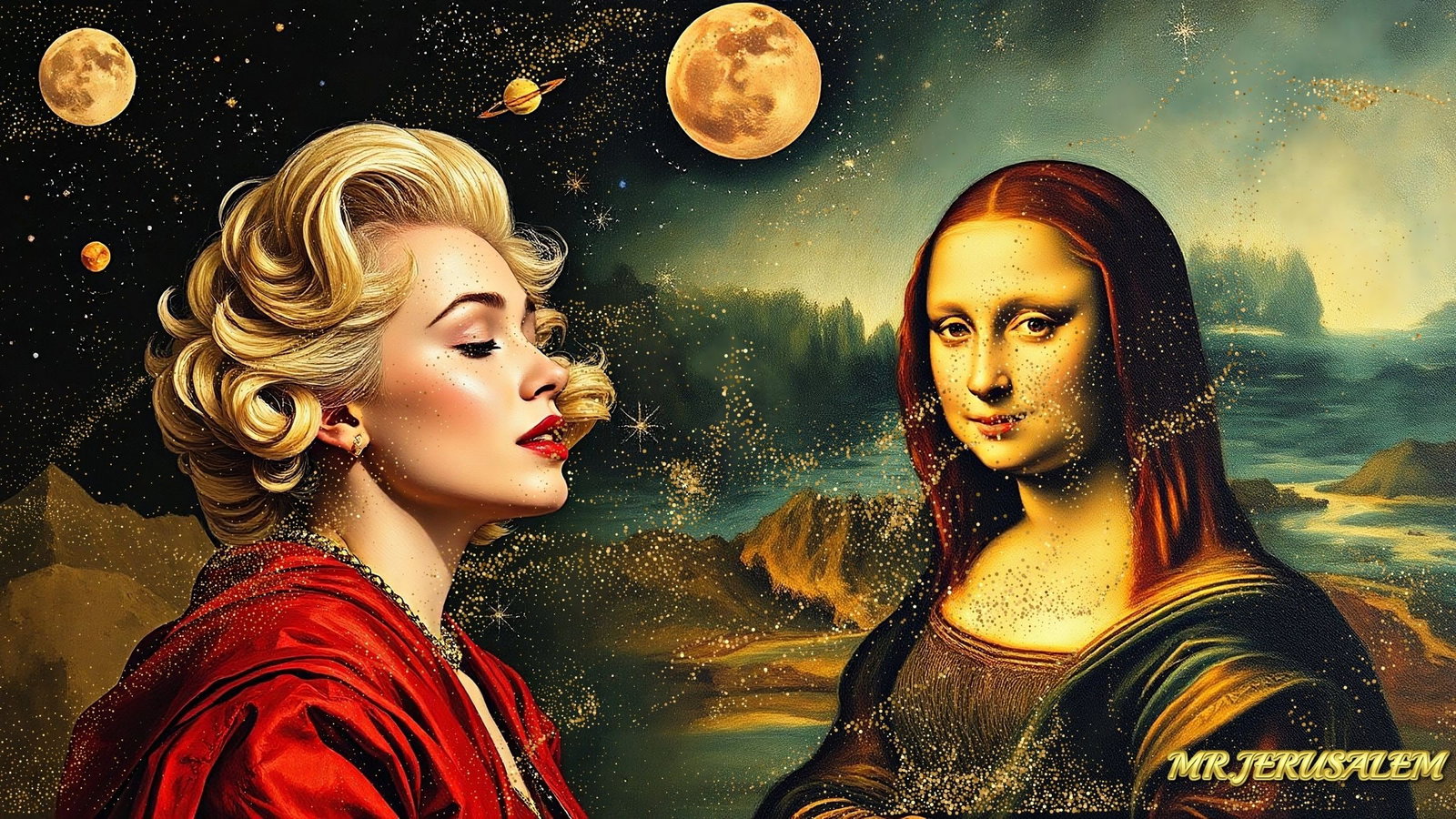 Mona Lisa & Marilyn Monroe-D1, Mix Media, Limited Edition of 50 Pieces Signed and Numbered: Please note the images you see here for the artworks is protected with artist name in gold & gold glitter watermark. The original artworks will be unique and one-of-a-kind, hand painted with glue