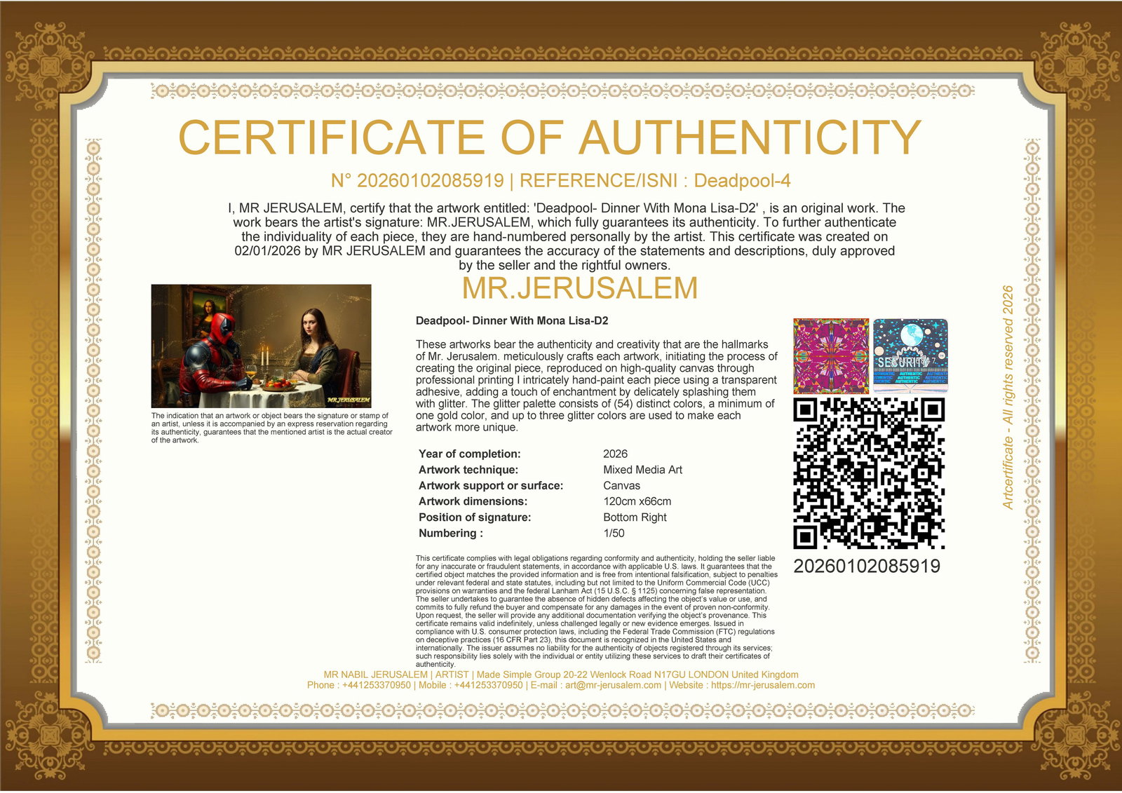 Deadpool - Dinner With Mona Lisa-D2, Limited Edition of 50 Pieces, Signed & Numbered - 3