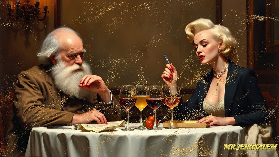 Charles Darwin - Dinner With Marilyn Monroe-D2, Limited Edition of 50 Pieces, Signed & Numbered: Please note the images you see here for the artworks is protected with artist name in gold & gold glitter watermark. The original artworks will be unique and one-of-a-kind, hand painted with glue