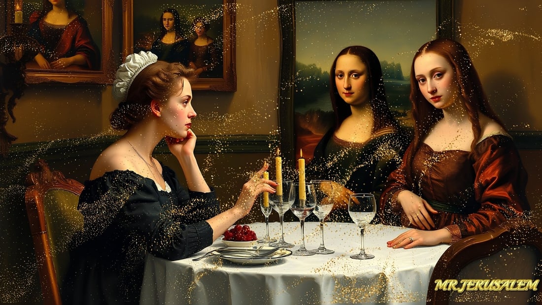 Adele- Dinner With Mona Lisa- D2, Limited Edition of 50 Pieces, Signed & Numbered: Please note the images you see here for the artworks is protected with artist name in gold & gold glitter watermark. The original artworks will be unique and one-of-a-kind, hand painted with glue